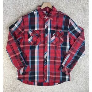 Affliction‎ Black Premium Shirt Men's XL  Embroidered Patch Button Up Red Plaid